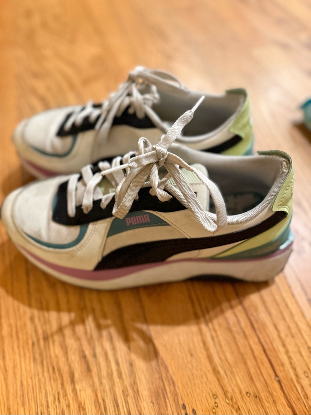 Puma White Sneakers with Black, Teal, Lavender & Lime Accents